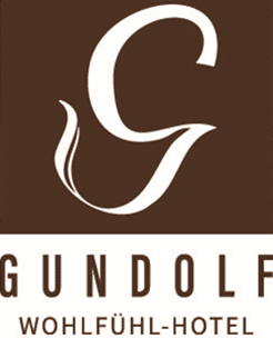 Lehrlingsportal.at Logo für das Gundolf Wohlfühl-Hotel mit einem großen stilisierten "G" über dem Hotelnamen in Braun und Weiß.