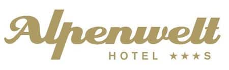 Lehrlingsportal.at Logo für das Alpenwelt Hotel mit dem goldenen, kursiven Text „Alpenwelt“ über „HOTEL“ und drei Sternen, alles auf weißem Hintergrund.