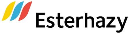 Lehrlingsportal.at Esterhazy-Logo mit drei diagonalen Streifen in Gelb, Blau und Rot, gefolgt vom Wort „Esterhazy“ in schwarzer Schrift.