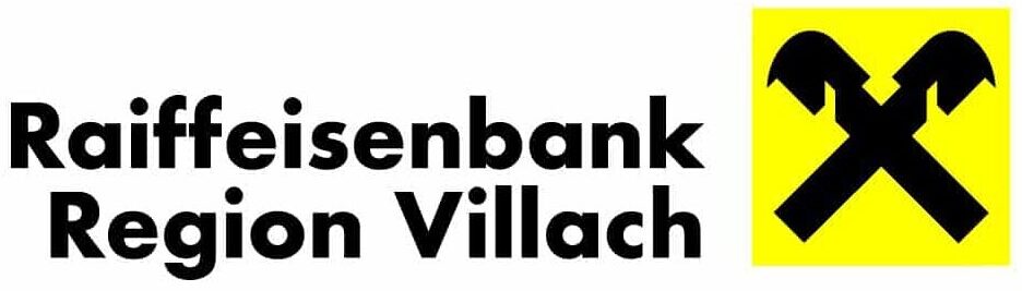 Lehrlingsportal.at Logo der Raiffeisenbank Region Villach mit fetter schwarzer Schrift und einem gelben Quadrat mit zwei gekreuzten schwarzen Pferdeköpfen.