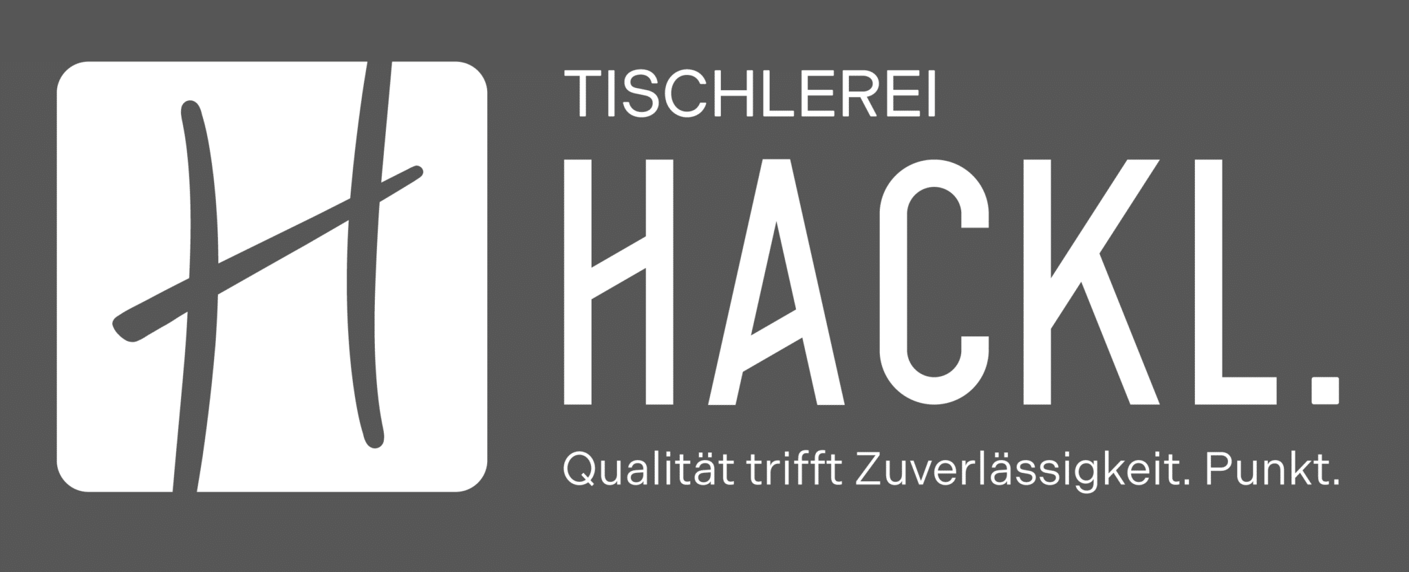 Lehrlingsportal.at Logo für die Tischlerei Hackl mit einem stilisierten „H“ in einem Quadrat auf der linken Seite und dem Slogan „Qualität trifft Zuverlässigkeit. Punkt.“ auf grauem Hintergrund.