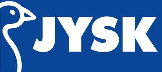 Lehrlingsportal.at JYSK-Logo mit weißem Text und einer Vogelkontur auf blauem, rechteckigem Hintergrund.