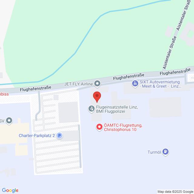 Lehrlingsportal.at Eine Karte, die den Standort der Linzer Flughafenpolizei und der ÖAMTC-Luftrettungseinheit in der Nähe der Flughafenstraße in Linz, Österreich, zeigt.