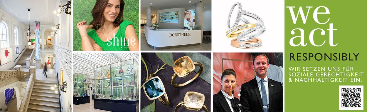 Lehrlingsportal.at Collage mit Schmuck, Ausstellungsstücken, Mitarbeitern und Texten, die für soziale Gerechtigkeit und Nachhaltigkeit werben, mit dem Satz "Wir handeln verantwortungsvoll" in Deutsch und Englisch.