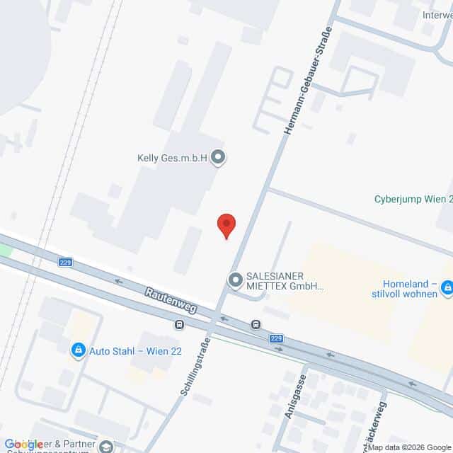 Lehrlingsportal.at Karte mit der Lage in der Nähe von Rautenweg und Hermann-Gebauer-Straße in Wien, Österreich, mit Beschriftung der umliegenden Geschäfte und Straßen.