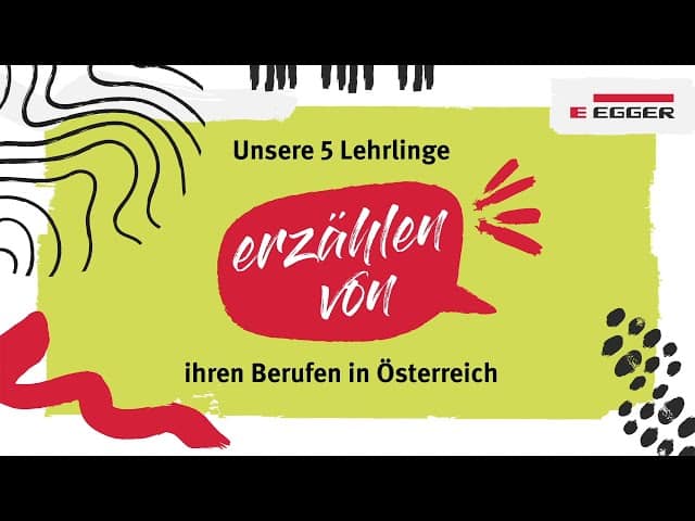 Lehrlingsportal.at Textgrafik mit abstrakten Motiven, mit dem Satz: „Unsere 5 Lehrlinge erzählen von ihren Berufen in Österreich“, mit dem Egger-Logo in der Ecke.