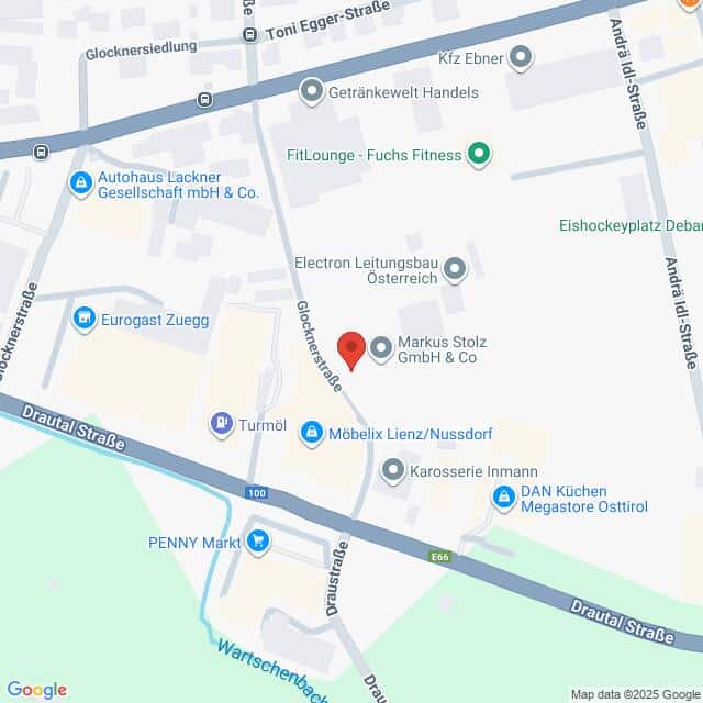 Lehrlingsportal.at Eine Straßenkarte mit Unternehmen und Straßen, zentriert auf Markus Stolz GmbH & Co in der Nähe von Glocknerstraße und Drautal Straße in Lienz, Österreich.