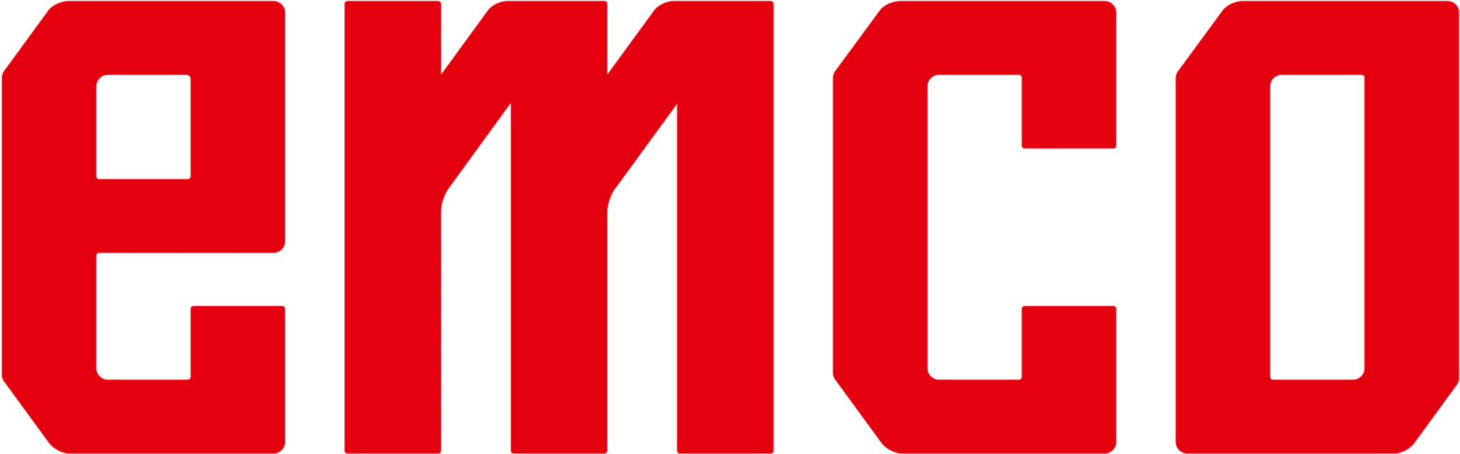 Lehrlingsportal.at Roter, fetter Text in Großbuchstaben mit der Aufschrift "EMCO" in einer geometrischen Blockschrift auf weißem Hintergrund.