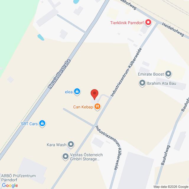 Lehrlingsportal.at Eine Karte zeigt die Lage von Can Kebap und der umliegenden Unternehmen im Industriezentrum Kaltbreite in Parndorf, Österreich.