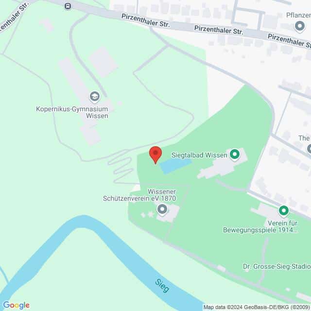 Lehrlingsportal.at Kartenansicht mit der Lage von Siegwaldbad Wissen in der Nähe von Kopernikus-Gymnasium Wissen und Siegtalbad Wissen. Zu den umliegenden Straßen gehören die Pirzenthaler Str. und Dr. Große-Sieg-Stadion.