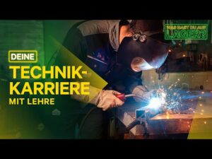 Lehrlingsportal.at Eine Person mit Schutzausrüstung schweißt Metall in einer Werkstatt. Der überlagerte Text lautet: "Deine Technik-Karriere mit Lehre. Was hast du auf Lager?.