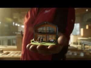 Lehrlingsportal.at Eine Person in einer roten Jacke hält ein detailliertes Miniaturmodell eines modernen zweistöckigen Hauses mit kleinen Figuren im Hof.