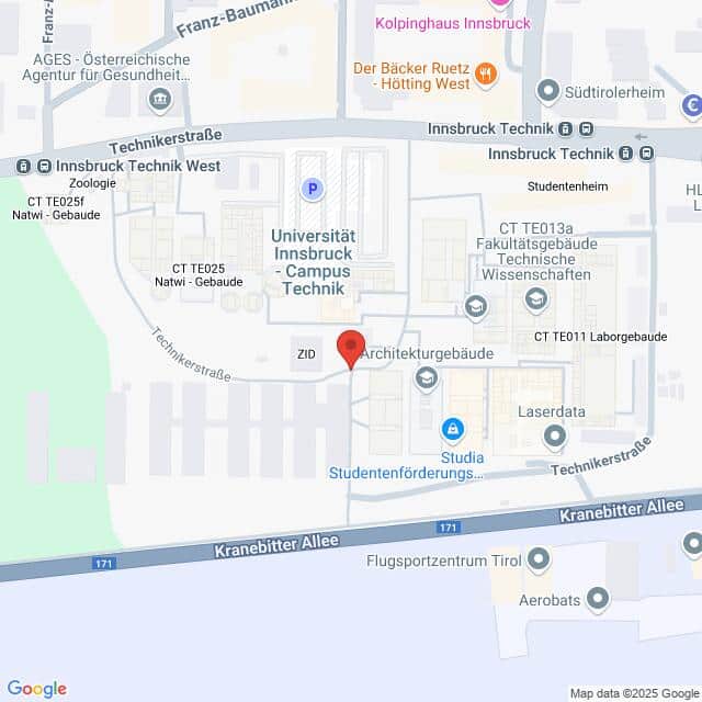 Lehrlingsportal.at Karte mit dem Standort des Campus Technik der Universität Innsbruck in Innsbruck, Österreich. Beinhaltet nahegelegene Straßen und Sehenswürdigkeiten.