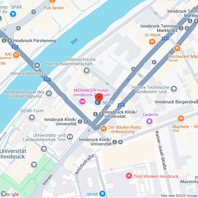 Lehrlingsportal.at Karte von Innsbruck, Österreich, mit Hervorhebung des MEININGER Hotel Innsbruck Zentrum, der nahegelegenen Geschäfte, des Inn und der Universitätsklinik Innsbruck.