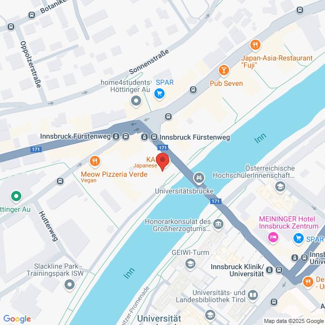 Lehrlingsportal.at Karte mit verschiedenen Orten in Innsbruck, Österreich, darunter Restaurants, Geschäfte und eine Brücke über den Inn.
