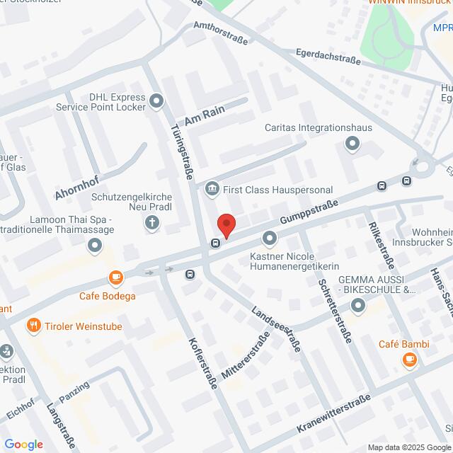 Lehrlingsportal.at Eine Karte, die einen Teil einer Stadt mit beschrifteten Straßen zeigt, zentriert auf einer roten Stecknadel an der Gumpstraße, in der Nähe von Geschäften, Cafés und Unternehmen.
