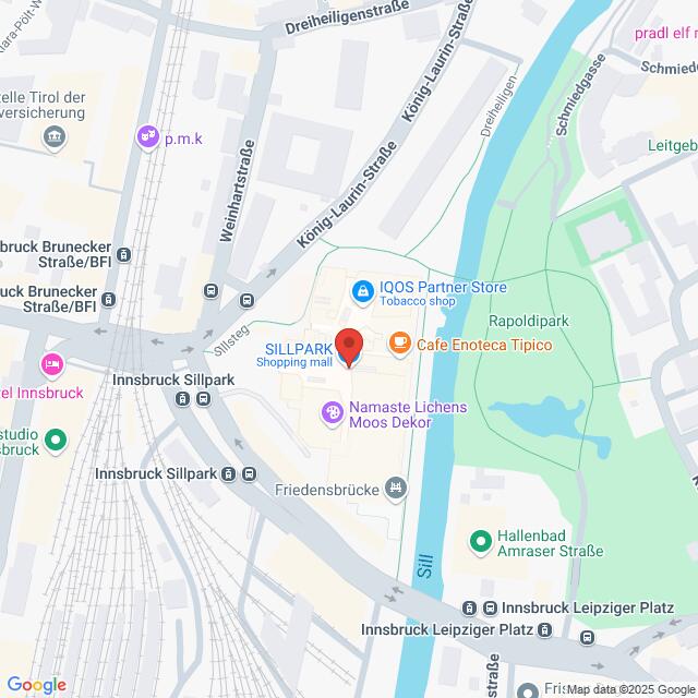Lehrlingsportal.at Karte mit der Lage des Einkaufszentrums Sillpark in Innsbruck, Österreich, in der Nähe der Sill. Zu den nahegelegenen Punkten gehören der Rapoldipark und der Innsbrucker Leipziger Platz.