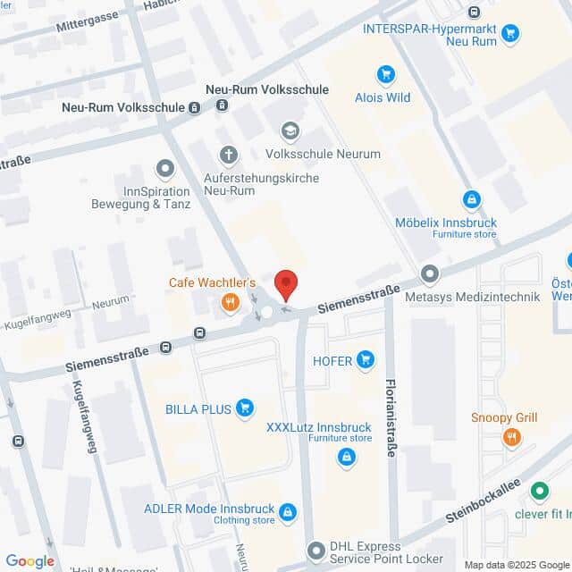 Lehrlingsportal.at Karte mit einem genau markierten Standort in einem Gewerbegebiet mit eingezeichneten Unternehmen und Straßen, z. B. Siemensstraße und Hofer.
