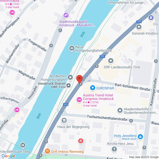 Lehrlingsportal.at Karte, die einen Abschnitt von Innsbruck, Österreich, zeigt und den Inn, nahe gelegene Straßen und Sehenswürdigkeiten wie die Nordkettenbahn und das Congress Innsbruck hervorhebt.