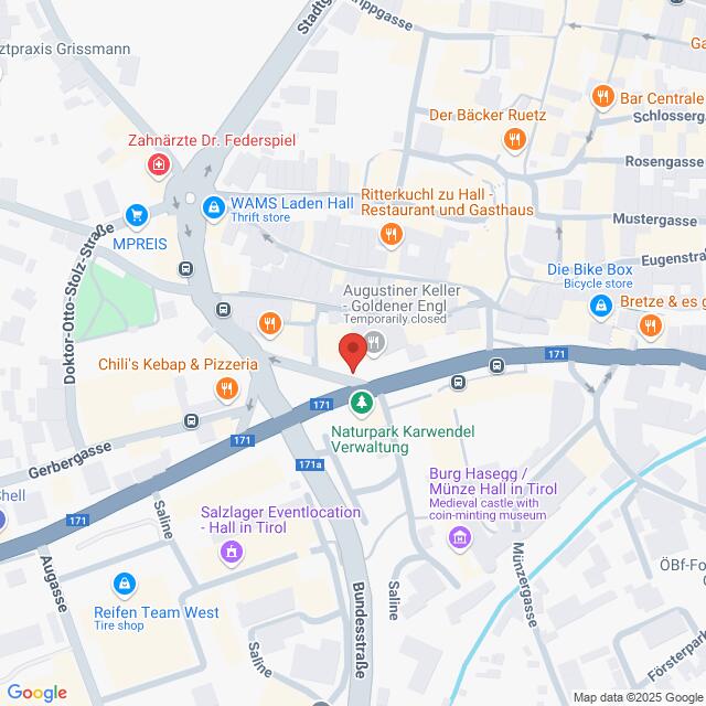 Lehrlingsportal.at Karte eines Stadtviertels mit verschiedenen Geschäften, Restaurants und Sehenswürdigkeiten. Zu den Straßen gehören die Gerbergasse und die Bundesstraße. Zu den Sehenswürdigkeiten in der Nähe gehören ein Park und eine Pizzeria.