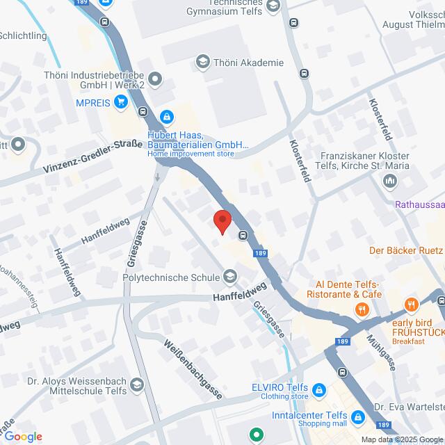 Lehrlingsportal.at Karte mit einem zentralen Ort in Telfs, Österreich, markiert mit einer roten Stecknadel. Die umliegenden Straßen sind Giessenweg, Griesgraben und Handfelweg. Verschiedene Geschäfte und Schulen sind markiert.