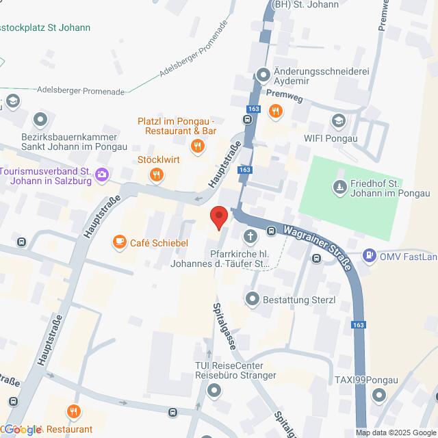 Lehrlingsportal.at Karte eines Abschnitts in Sankt Johann, Österreich, mit hervorgehobener Hauptstraße und nahegelegenen Sehenswürdigkeiten wie einer Kirche, Restaurants und verschiedenen lokalen Geschäften.