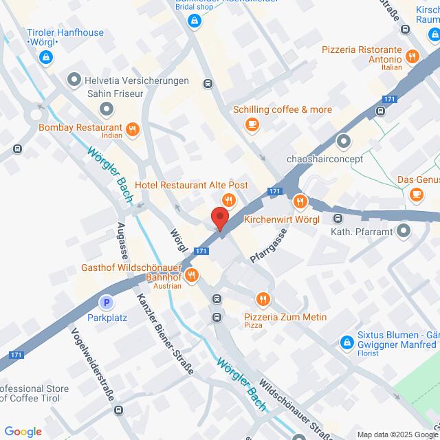 Lehrlingsportal.at Karte mit Hervorhebung eines Teils von Wörgl, Österreich, mit verschiedenen markierten Restaurants, Cafés und Geschäften, darunter die Pizzeria Zum Mitnehmen und das Hotel Restaurant Alte Post.