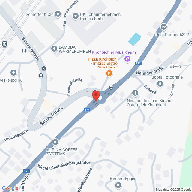 Lehrlingsportal.at Kartenansicht eines Abschnitts der Bahnhofstraße in Kirchbichl, Österreich, mit markierten nahegelegenen Unternehmen wie Pizza Takeout und Alpina Coffee Systems.