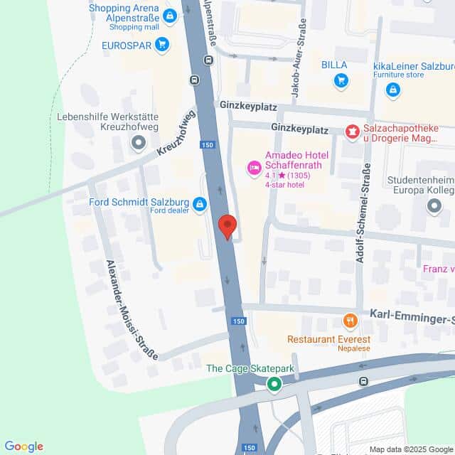 Lehrlingsportal.at Karte mit einem mit einer roten Stecknadel markierten Standort in der Alpenstraße in Salzburg. In der Nähe befinden sich Geschäfte, Hotels und ein Skatepark.