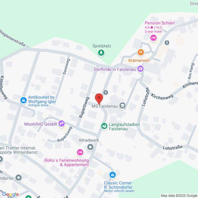 Lehrlingsportal.at Karte von Faistenau mit Straßen und Markierungen für Geschäfte, Unterkünfte und lokale Sehenswürdigkeiten.