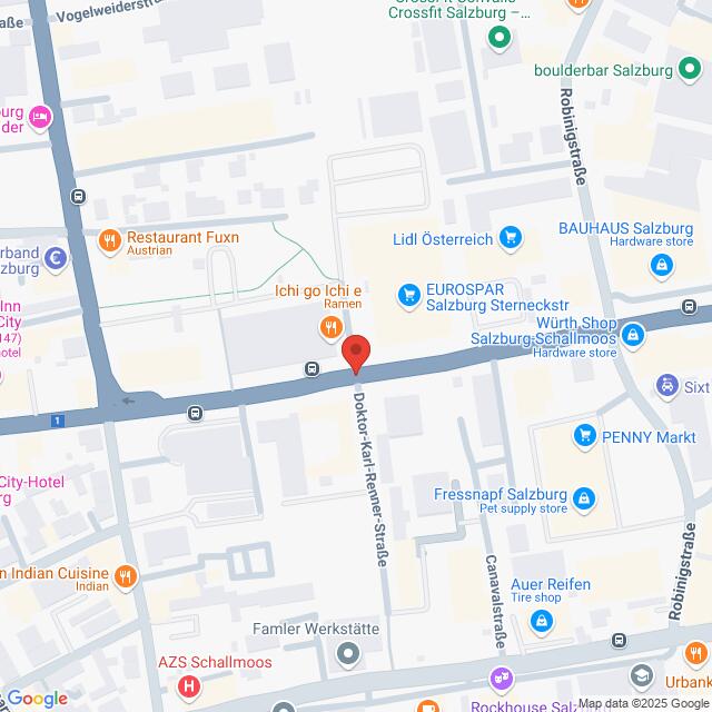 Lehrlingsportal.at Kartenansicht der Kreuzung Vogelweiderstraße und Doktor-Franz-Rehrl-Straße in Salzburg mit Markierung der umliegenden Geschäfte und Restaurants.