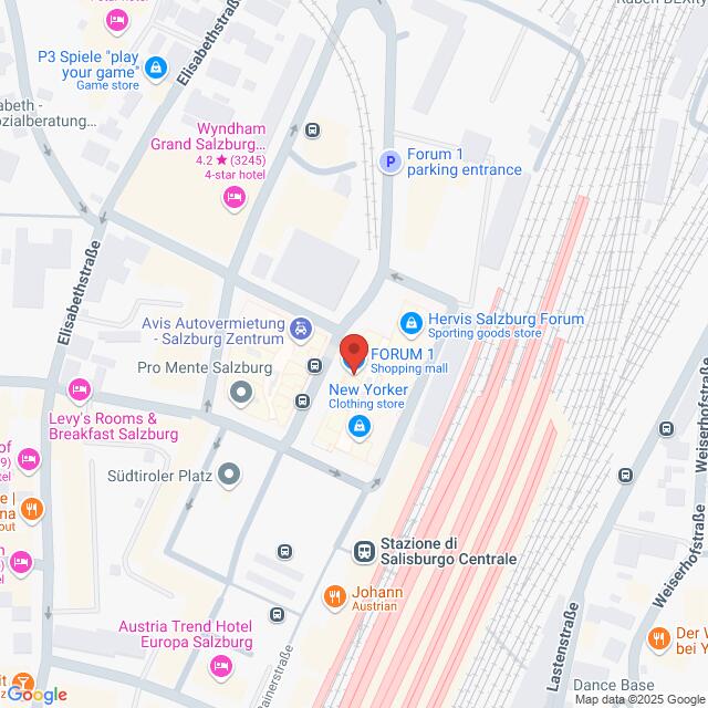 Lehrlingsportal.at Karte mit der Lage des Einkaufszentrums Forum 1 in der Nähe des Hauptbahnhofs Salzburg, mit sichtbaren Geschäften, Straßen und Bahngleisen in der Nähe.