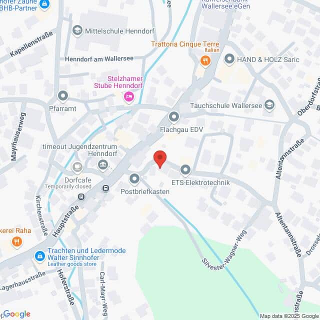Lehrlingsportal.at Karte mit einem mit einer roten Stecknadel markierten Standort in der Wildmoosstraße in einem Straßennetz, in der Nähe der Trattoria Cinque Terre und des Timeout Jugendzentrums in Hendorf, Österreich.