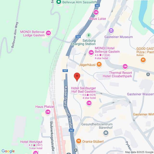 Lehrlingsportal.at Karte, die einen Teil von Bad Gastein, Österreich, zeigt, mit Markierungen für Hotels wie Mondi Bellevue und Hotel Salzburger Hof, nahe gelegene Sehenswürdigkeiten und Straßen wie die Kaiser-Franz-Josef-Straße.