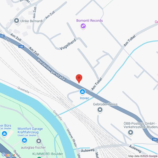 Lehrlingsportal.at Karte mit einer Standortmarkierung in der Werdenbergerstraße bei Am Tobel in Österreich, mit Beschriftungen nahegelegener Straßen und Geschäfte wie Irovec und Bomonti Records.
