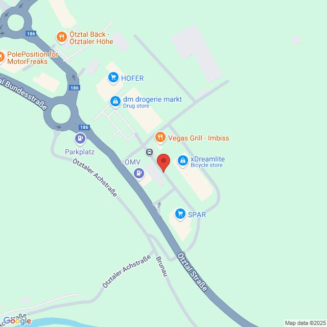 Lehrlingsportal.at Karte mit Standortmarkierungen für verschiedene Geschäfte, darunter eine Drogerie, ein Grill, ein Fahrradgeschäft und ein Supermarkt. Die nahegelegenen Straßen sind die Ötztaler Achestraße und das Bäntal.
