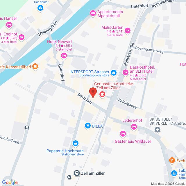 Lehrlingsportal.at Karte der Gegend von Zell am Ziller in Österreich mit Hotels, einer Apotheke, Geschäften und Sehenswürdigkeiten sowie Straßennamen wie Unterdorf und Rohrerstadl.