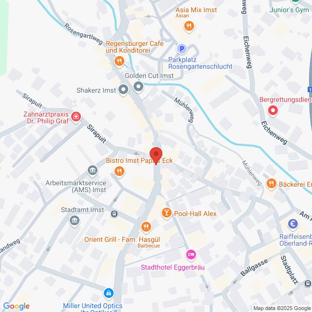 Lehrlingsportal.at Kartenansicht des Zentrums von Imst, Österreich, mit hervorgehobenen Straßen, Geschäften und Sehenswürdigkeiten wie dem Stadttheater Eggerbräu und der Pool-Hall Alex, zentriert um eine rote Standortmarkierung.
