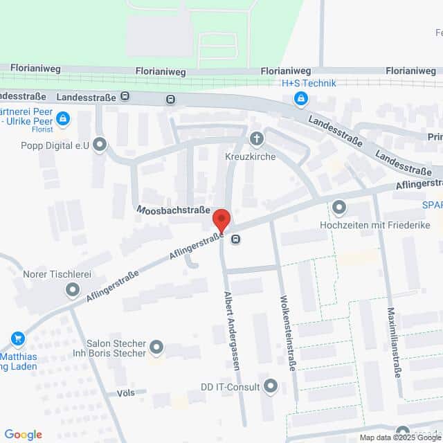 Lehrlingsportal.at Karte mit Straßen wie Landstraße, Afingerstraße und Moosbachstraße mit einer roten Standortmarkierung an der Kreuzung Afingerstraße/Albert Dorfstraße. Geschäfte in der Nähe sind gekennzeichnet.