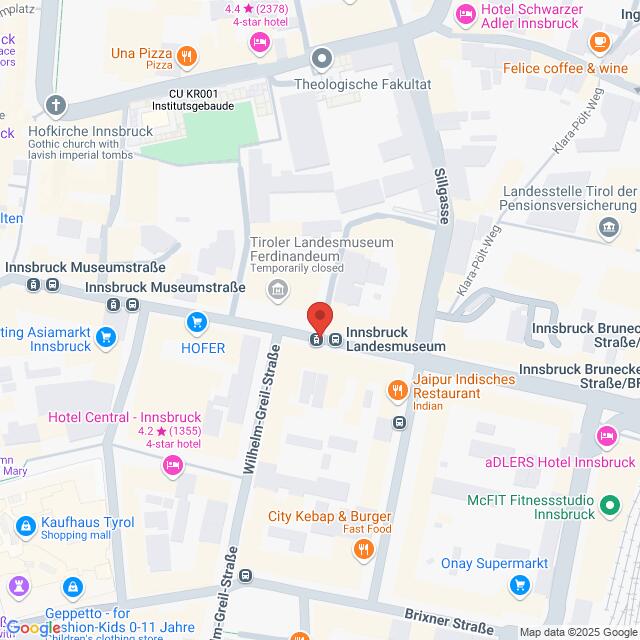 Lehrlingsportal.at Karte der Gegend um das Innsbrucker Landesmuseum mit Hervorhebung der nahegelegenen Straßen und Sehenswürdigkeiten, darunter verschiedene Restaurants und Geschäfte.