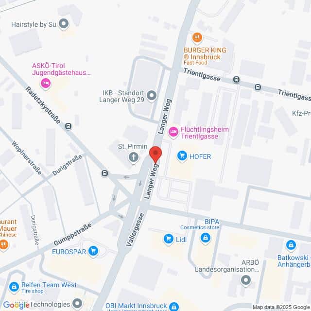 Lehrlingsportal.at Karte eines Gebiets in Innsbruck, Österreich, mit Sehenswürdigkeiten wie Burger King, Lidl, Hofer und einem Flüchtlingsheim. Straßen wie der Langer Weg und die Valiergasse sind sichtbar.