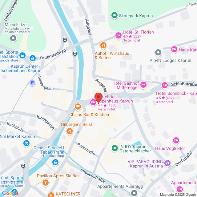 Lehrlingsportal.at Karte mit dem Zentrum von Kaprun, Österreich, auf der verschiedene Hotels, Bars, Restaurants und Sehenswürdigkeiten hervorgehoben sind, wobei das Hotel Das Alpenhaus Kaprun in der Mitte eingezeichnet ist.