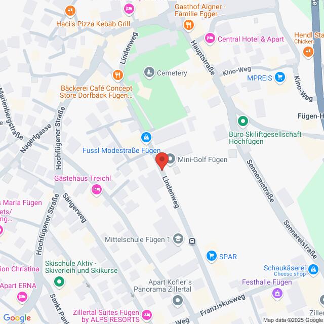 Lehrlingsportal.at Karte von Fügen, Österreich. Sie zeigt verschiedene Orte wie Restaurants, Geschäfte und eine Minigolfanlage rund um den Lindenweg. Zu den nahegelegenen Straßen gehören die Hochfügener Straße und der Sonnleitenweg.