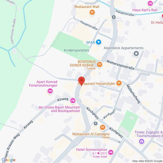 Lehrlingsportal.at Karte eines Teils von Grainau, Deutschland, mit markierten Restaurants, Hotels und Sehenswürdigkeiten. Hauptstraßen und Sehenswürdigkeiten wie das Restaurant Wall und SPAR sind sichtbar.