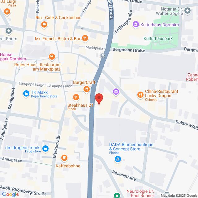 Lehrlingsportal.at Karte, die einen Teil von Dornbirn, Österreich, zeigt, mit verschiedenen beschrifteten Restaurants und Geschäften, zentriert um das Steakhaus 21.