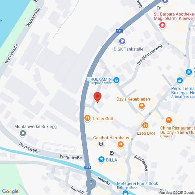 Lehrlingsportal.at Karte einer Straße in Brixlegg, Österreich, mit Markierungen für lokale Unternehmen und einer hervorgehobenen Route auf der Route 171.