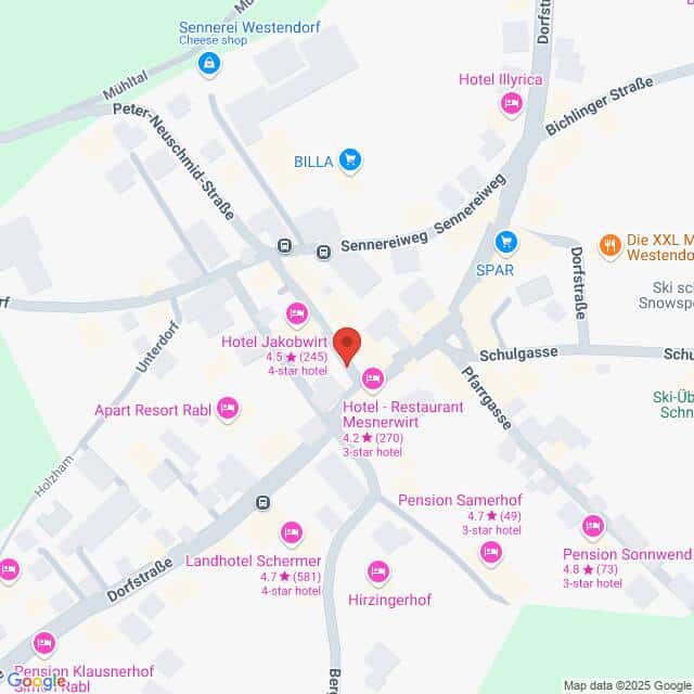 Lehrlingsportal.at Karte mit einem zentralen Bereich mit verschiedenen Hotels und Sehenswürdigkeiten, darunter das Hotel Jakobwirt, das Hotel Mesnerwirt und die Pension Samerhof. Straßen und nahegelegene Geschäfte wie SPAR sind ebenfalls sichtbar.
