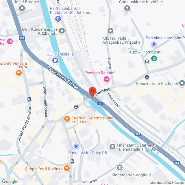 Lehrlingsportal.at Kartenansicht mit einem markierten Standort in Kitzbühel, Österreich, mit nahegelegenen Straßen und Sehenswürdigkeiten wie der Pension Rainhof und KitzSki Hornbahn I.