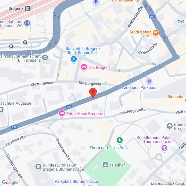Lehrlingsportal.at Eine Karte mit der Lage des Roten Haus Bregenz in Bregenz, Österreich, in der Nähe von Straßen wie der Klostergasse und der Wolfeggstraße. Zu den Sehenswürdigkeiten in der Nähe zählen das Ibis Bregenz und das Landhaus Parkhaus.