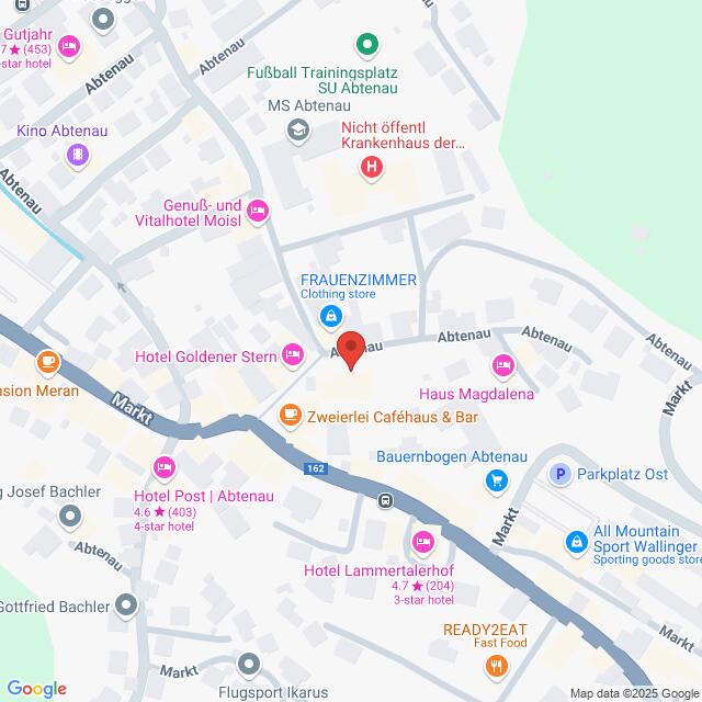 Lehrlingsportal.at Karte eines Stadtteils von Abtenau mit verschiedenen Unternehmen und Sehenswürdigkeiten, darunter Cafés, Hotels und Trainingseinrichtungen. Die Beschriftungen enthalten Straßennamen und wichtige Orte.